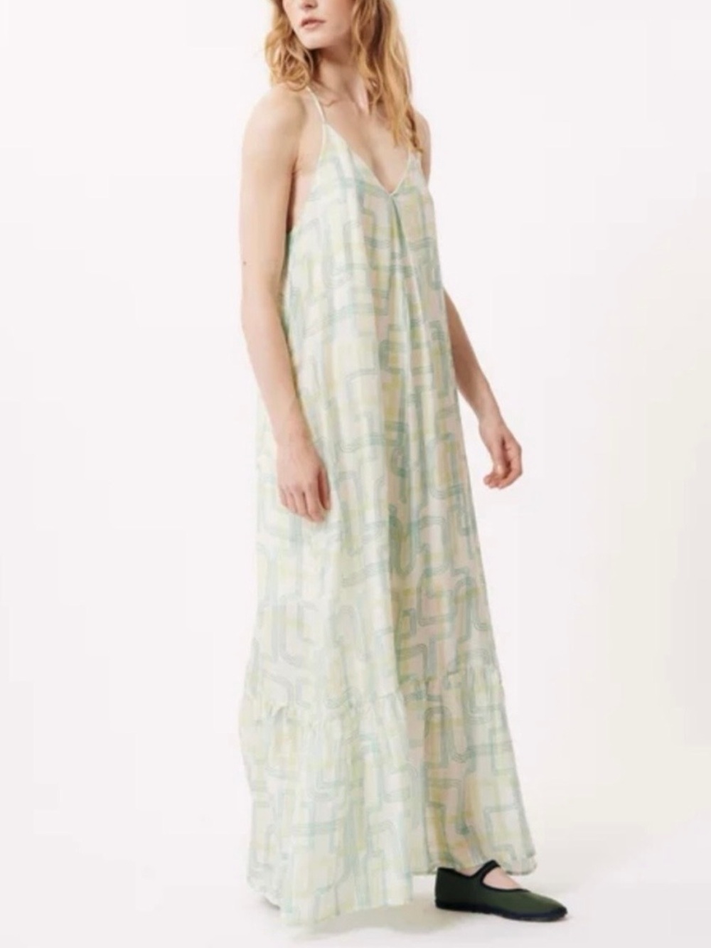 FRNCH Cream and Mint Geometric Maxi Dress